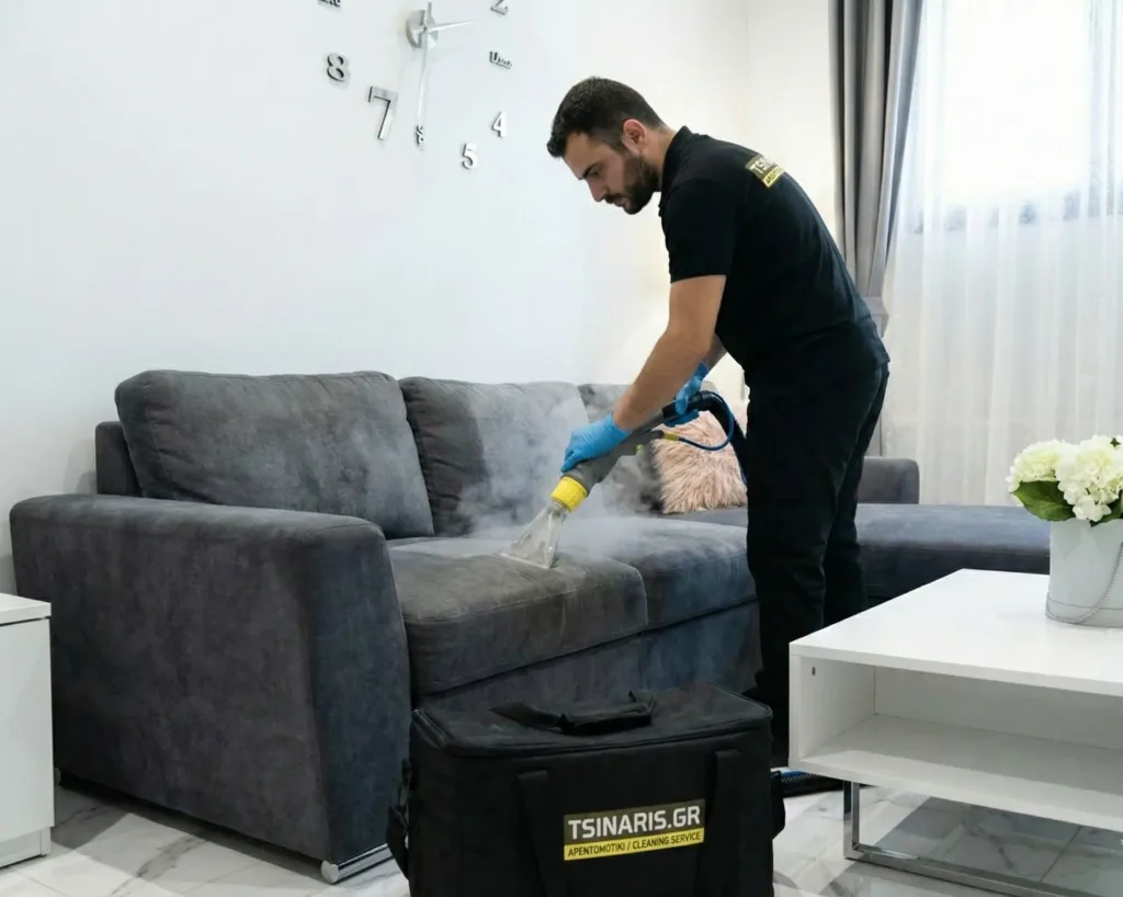 Βιολογικός καθαρισμός καναπέ με ατμό από τεχνικό της Τσινάρης